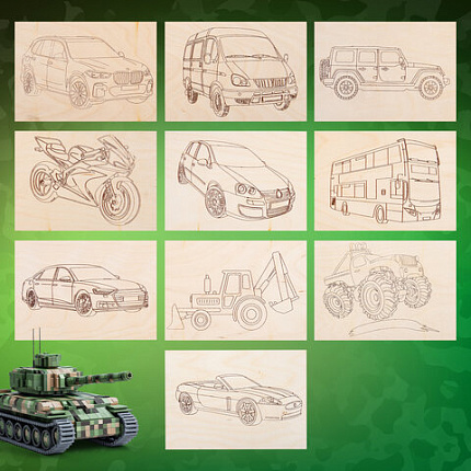 Заготовки деревянные для выжигания "Транспорт", 5 шт., 10 рисунков, 15х21 см, BRAUBERG HOBBY, 665307