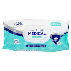 Дезинфицирующие салфетки спиртовые 100 штук, SMART MEDICAL, крышка-клапан, 72029