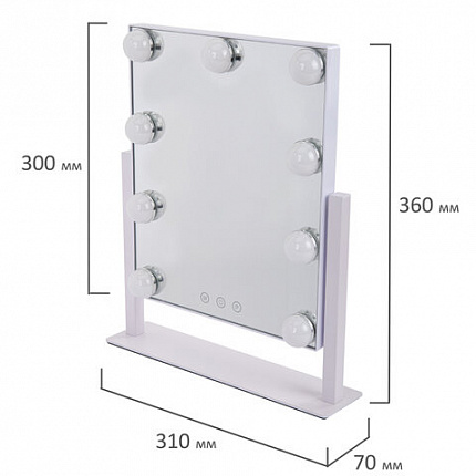 Зеркало для макияжа гримерное с подсветкой, 9 LED-ламп, 3 режима свечения, размер 25х30 см, работа от сети 220 V, цвет белый, BRABIX, 609335