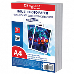 Фотобумага глянцевая, А4, 90 г/м2, односторонняя, 100 листов, ПАКЕТ, BRAUBERG ORIGINAL, 364411