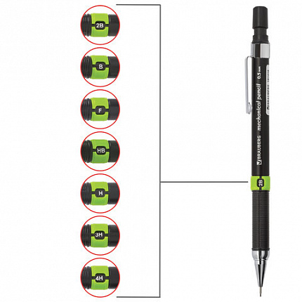 Карандаш механический 0,5 мм, BRAUBERG "Ring", ластик, корпус черный, детали ассорти, 181418