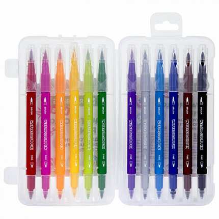 Фломастеры двусторонние с кистью 12 цветов (кисть/классический), СУПЕРКЕЙС, BRAUBERG KIDS, 152188