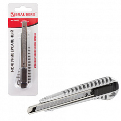 Нож универсальный 9 мм BRAUBERG "Metallic", металлический корпус (рифленый), автофиксатор, блистер, 236971