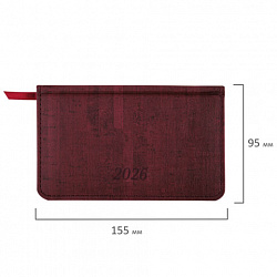 Еженедельник датированный 2026 МАЛЫЙ ФОРМАТ 95х155 мм, А6, BRAUBERG "Wood", под кожу, бордо, 117196