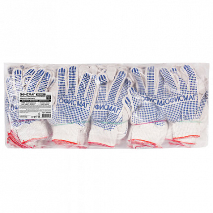 Перчатки хлопчатобумажные, КОМПЛЕКТ 50 ПАР, 10 класс, 32-34 г, 83 текс, ПВХ точка, ОФИСМАГ, БЕЛЫЕ, 605503