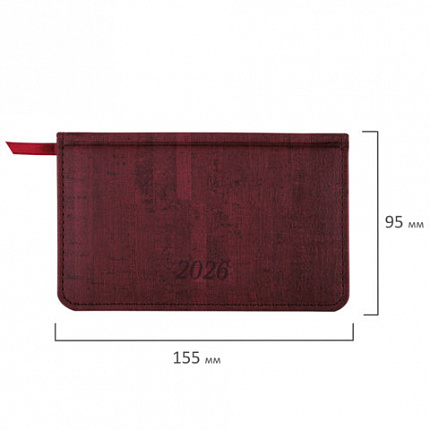 Еженедельник датированный 2026 МАЛЫЙ ФОРМАТ 95х155 мм, А6, BRAUBERG "Wood", под кожу, бордо, 117196