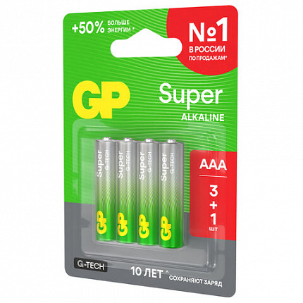 Батарейки КОМПЛЕКТ 4 шт., GP Super G-Tech, AAA (LR03,24А), алкалиновые, мизинчиковые, ПРОМО 3+1, 24A3/1-2CR4