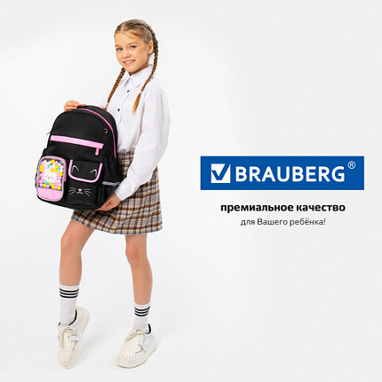 Рюкзак BRAUBERG PASTEL с термонашивками в комплекте, "Black kitty", черный, 40х29х14 см, 273128