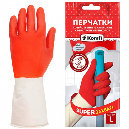 Перчатки МНОГОРАЗОВЫЕ латексные БИКОЛОР ПРОЧНЫЕ, бело-красные, размер 8-9, L (большой), вес 72 г, Komfi, ADM, 25814