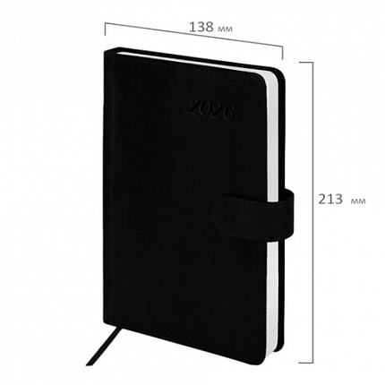 Ежедневник датированный 2026 А5 138x213 мм, BRAUBERG "Legend", под кожу, застежка, черный, 117070