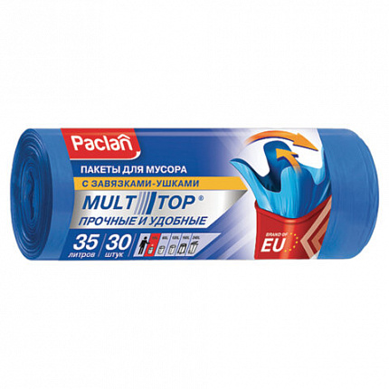 Мешки для мусора, 35 л, с ушками, синие, рулон 30 шт., ПНД, 10,5 мкм, 50х64 см, PACLAN "Multitop"