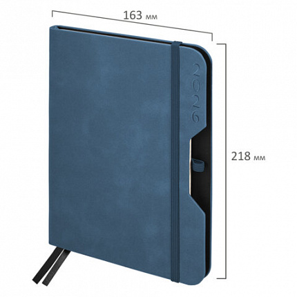 Ежедневник датированный 2026, А5, 151х213 мм, BRAUBERG "Note", под кожу, держатель для ручки, синий, 117517
