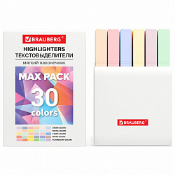 Набор текстовыделителей 30 ЦВЕТОВ BRAUBERG "SUPER MIX", линия 1-5 мм, мягкий скошенный наконечник, 152539