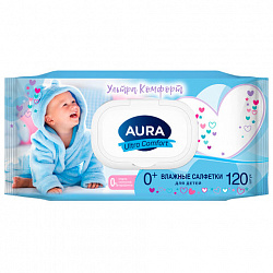 Салфетки влажные детские 120 шт., AURA Ultra Comfort с алоэ и витамином Е, 0+, крышка клапан, 14847