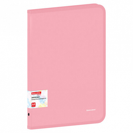 Папка объемная на молнии пластиковая BRAUBERG PASTEL, А4, 330х240мм, 600мкм, цвет персиковый, 271972