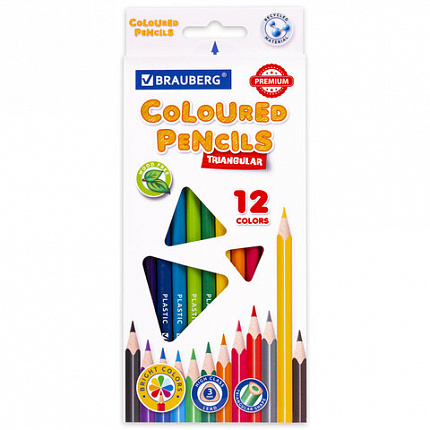 Карандаши цветные BRAUBERG PREMIUM, 12 цветов, пластиковые, трехгранные, грифель мягкий 3 мм, 181661