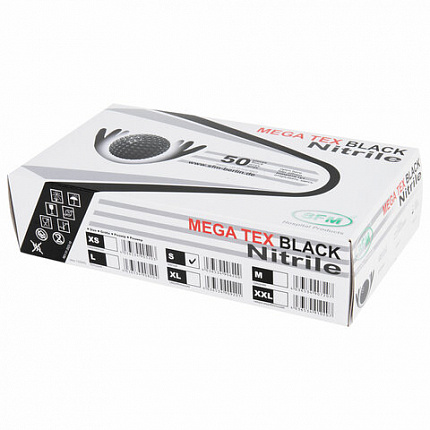 Перчатки нитриловые сверхпрочные с текстурой SFM MEGA TEX BLACK, Германия, 25 пар (50 штук), размер 6-7, S (малый)