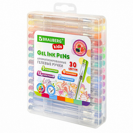 Ручки гелевые АРОМАТИЗИРОВАННЫЕ, НАБОР 30 ЦВЕТОВ, "FRUITS", линия письма 0,5 мм, BRAUBERG KIDS, 143823