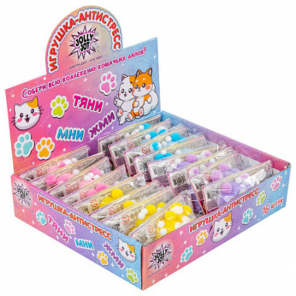 Игрушка-антистресс "ДВУХЦВЕТНАЯ КОШАЧЬЯ ЛАПКА С ПОМПОНАМИ", 7х6 см, ассорти 4 вида, дисплей, JOLLY JOT (ДЖОЛЛИ ДЖОТ), 665768