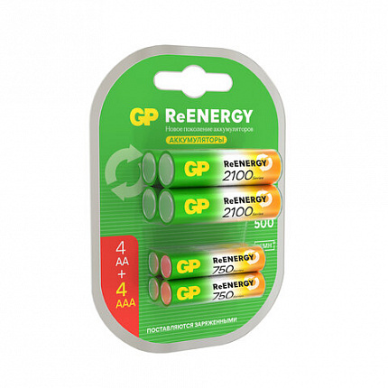 Батарейки аккумуляторные GP ReEnergy Ni-Mh НАБОР 8 шт. (ПРОМО 4+4), AA+ААА (HR6+HR03), 2000 mAh + 750 mAh, 210AAHC/75AAAHC