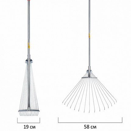 Грабли веерные проволочные раздвижные, 15 зубьев, ширина 15-58 см, черенок 115 см, ГРАНДМАСТЕР, 700348