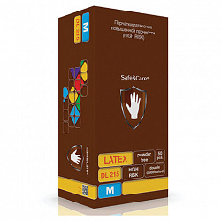 Перчатки латексные смотровые 25 пар (50 штук), размер 7-8, M (средний), повышенной прочности, SAFE&CARE High Risk DL215