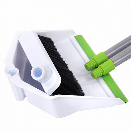 Совок для мусора КОМПЛЕКТ щетка + 2 рукоятки по 80 см с резьбой, "ЛЕНИВКА", бело-зеленый, ЛЮБАША, 603616