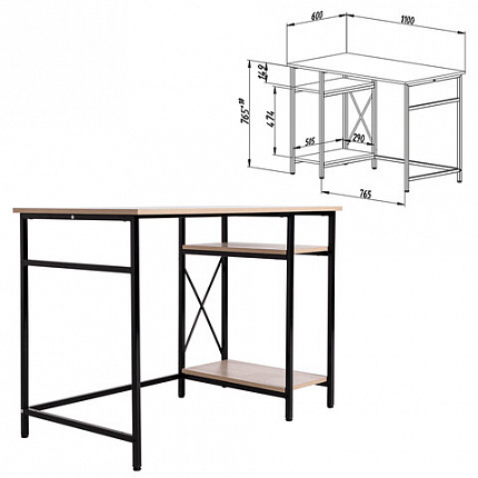 Стол BRABIX "SMART CD-018", 1100х600х765 мм, ЛОФТ, 2 полки, металл/ЛДСП ясень шимо светлый, каркас черный, 641945