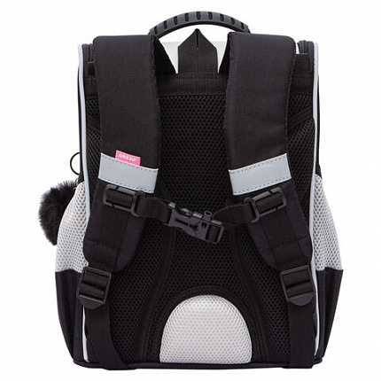 Ранец GRIZZLY анатомическая спинка, с мешком для обуви, для девочек, "BLACKY", серый, 33х25х13 см, RAm-584-1/2