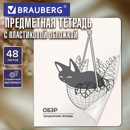 Тетрадь предметная КОТ-НЕПОСЕДА 48л, пластиковая обложка, ОБЗР, клетка, подсказ, BRAUBERG, 405539