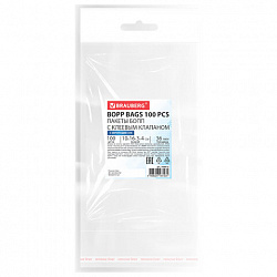 Пакеты БОПП с европодвесом, клеевым клапаном, КОМПЛЕКТ 100 штук, 10х16 + 3 + 4 см, белая подложка, BRAUBERG, 700416