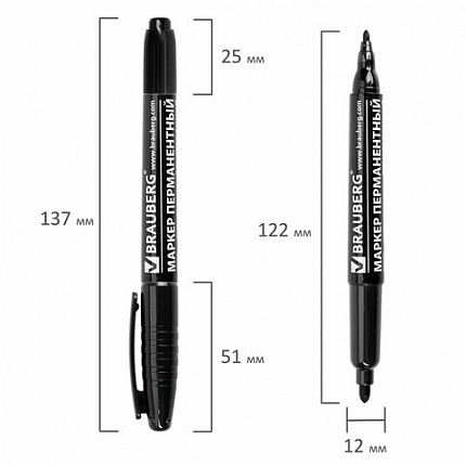 Маркер перманентный двусторонний BRAUBERG, ЧЕРНЫЙ, круглый наконечник, 2/4 мм, 150836