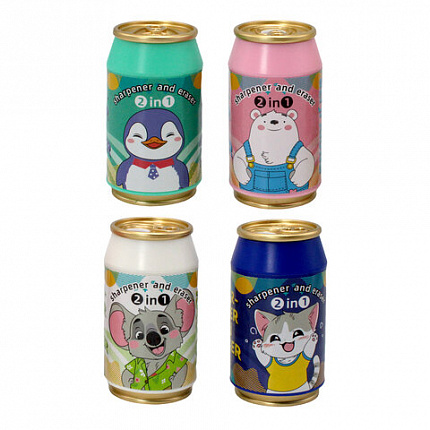 Точилка с ластиком 2 в 1 "Жестяная банка", контейнер, корпус ассорти, дисплей, СNT, 7, 77250