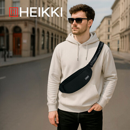 Сумка на пояс HEIKKI RIO (ХЕЙКИ), два отделения, регулируемый ремень, черная с белым, 38х12х8 см, 272617