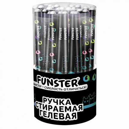 Ручка стираемая гелевая с принтом FUNSTER "BLACK CAT", СИНЯЯ, корпус ассорти, игольчатый наконечник 0,5 мм, линия 0,35 мм, 144415