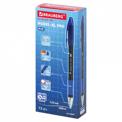 Ручка шариковая масляная с грипом BRAUBERG "Model-XL PRO", СИНЯЯ, узел 0,5 мм, линия письма 0,25 мм, 143249