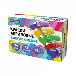 Краски акриловые художественные 24 шт., 21 цвет в банках по 22 мл, BRAUBERG HOBBY, 192412