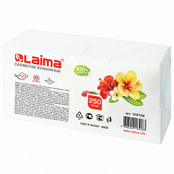 Салфетки бумажные 250 штук, 24х24 см, LAIMA, белые, 100% целлюлоза, 128728