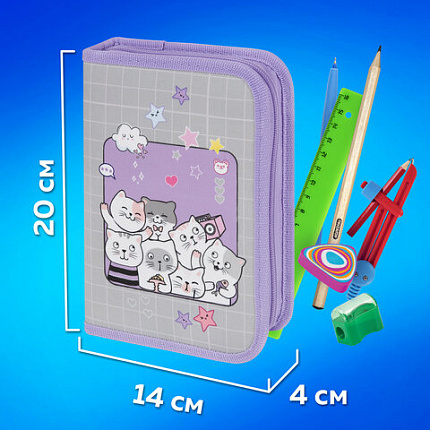 Пенал ПИФАГОР, 1 отделение, 2 откидные планки, полиэстер, 20х14 см, "Cats selfie", 273477