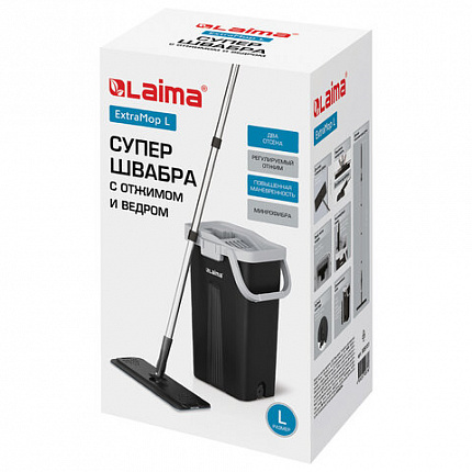 Швабра с отжимом и ведром 10л/7л двухкамерное, 2 насадки микрофибра, карманы с 2-х сторон, рукоятка 134-154см черный AltaMop L, LAIMA,609151