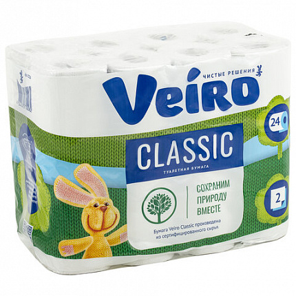 Бумага туалетная бытовая, спайка 24 шт., 2-х слойная (24х17,5 м), VEIRO Classic, белая, 5с224