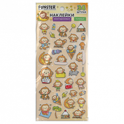 Наклейки гелевые "Зверяшки-обаяшки", 17,5х9 см, ассорти 12 видов, FUNSTER (ФАНСТЕР), 666085