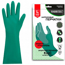 Перчатки нитриловые КЩС, ULTRA STRONG, хим. устойчивые, с хлопковым напылением, зеленые, р-р 9-9,5 L (большой), RABBITEX (РАББИТЕКС), 700912