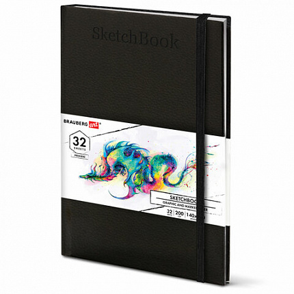 Скетчбук для графики и маркеров, БРИСТОЛЬ 200г, 140х210мм, 32л, КОЖЗАМ, BRAUBERG ART,, 115099