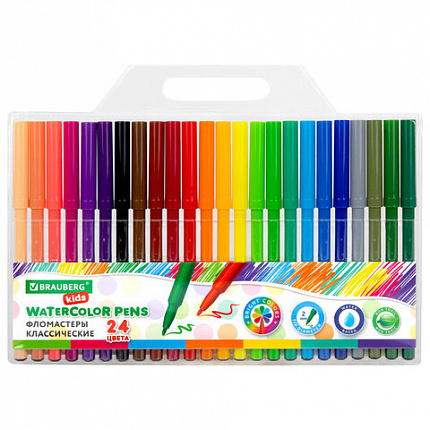 Фломастеры BRAUBERG KIDS КЛАССИЧЕСКИЕ 24 цвета, вентилируемый колпачок, ПВХ-упаковка, 152602
