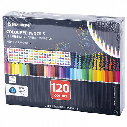 Карандаши цветные чёрное дерево BRAUBERG BLACK WOOD, 120 цветов, мягкий грифель 3 мм, 182046