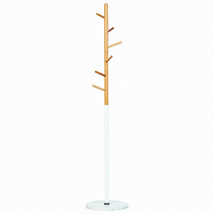 Вешалка-стойка BRABIX "CR-1906" на мраморном диске, металл белый/дерево бук, 6 крючков, 606440