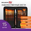 Кисти художественные набор 15 шт. + мастихин в пенале, коричневые, синтетика, BRAUBERG ART DEBUT, 201046