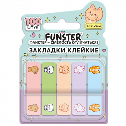 Закладки клейкие Z-сложения FUNSTER (ФАНСТЕР) "Животные", 45х12 мм, 100 шт., (5 цветов х 20 листов), в диспенсере, 116702