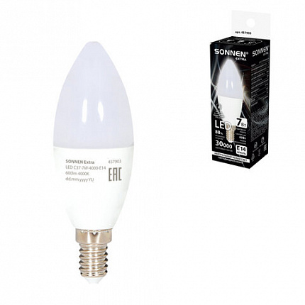 Лампа светодиодная SONNEN EXTRA, 7 (60) Вт, Е14, свеча, нейтральный белый, 30000 ч, LED C37-7W-4000-Е14, 457903